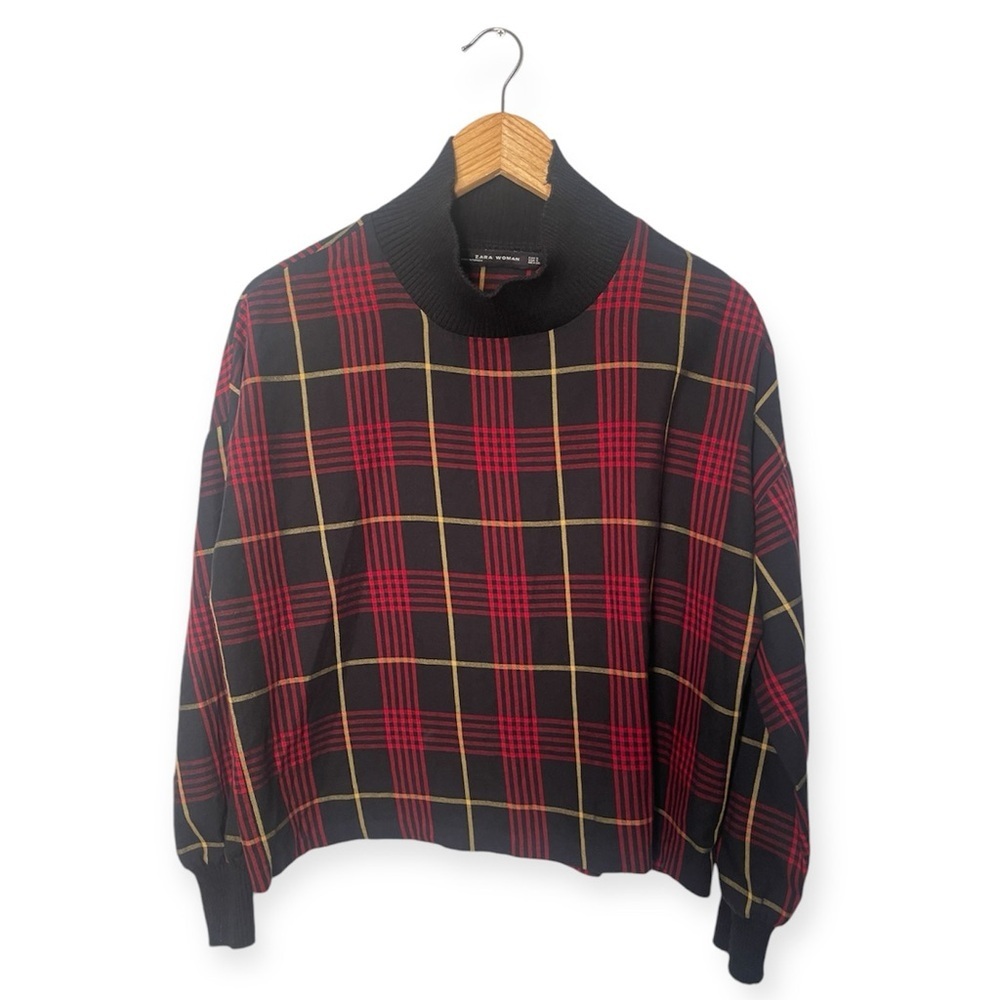 Zara Woman Red Black‎ Plaid Tartan Turtleneck Pullover Sweater​​